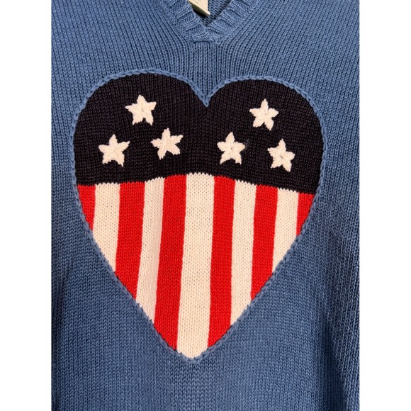 The Quaker Factory Blue Heart Flag USA Sweater Size M Ramie Cotton‎ American - Picture 2 of 8